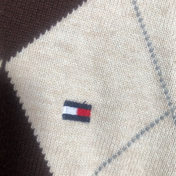 Tommy Hilfiger Brown and Cream Argyle Cotton V-Neck Pullover Sweater Large - Picture 4 of 7